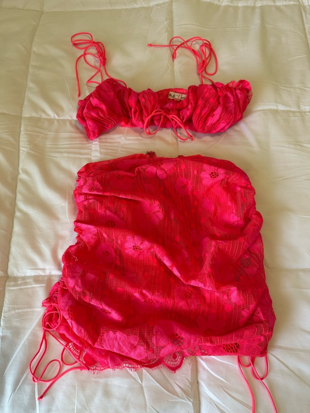 For Love & Lemons Hot Pink Lace Bikini Top and Skirt Set